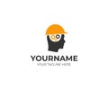 Builder man in a helmet and a brain of gears logo template. Man thinks over a construction project vector design