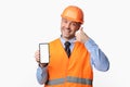 Builder Man Showing Phone Blank Screen Posing Over White Background