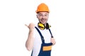 builder man wearing uniform pointing finger. photo of builder man. builder man isolated on white Royalty Free Stock Photo