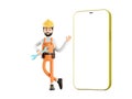 builder mechanic cartoon character, funny worker or engineer with blank phone. Mobile phone repair concept isolated 3d Royalty Free Stock Photo