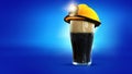 Builder. Mug of frothy dark beer wearing protective helmet isolated over blue neon background. Concept of alcohol