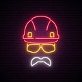 Builder neon sign. Helmet construction icon. Royalty Free Stock Photo