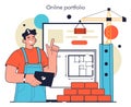 Builder online service or platform. Workers constructing house