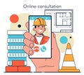 Builder online service or platform. Workers constructing house