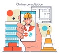 Builder online service or platform. Workers constructing house