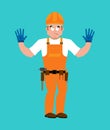 Builder oops guilty . Worker in protective helmet culpable. Service worker Serviceman apologize. Vector illustration