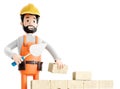 Builder painter plasterer cartoon character, funny worker or engineer building a brick wall, 3d Rendering