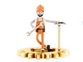 Builder plumber cartoon character, funny worker or engineer with gears, hummer and wrench isolated icon 3d illustration.