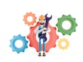Builder plumber cartoon character, funny worker or engineer with gears, hummer and wrench isolated icon 3d illustration.