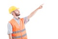 Builder pointing with finger up right Royalty Free Stock Photo