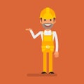 Builder points with his hand and smiles. Flat people