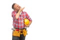 Builder preparing for work as stretching neck