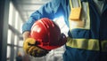 Builder with a red helmet and working gloves on the building site Generative AI