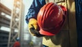 Builder with a red helmet and working gloves. Generative AI Royalty Free Stock Photo