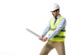 Builder in reflective vest and helmet holding blueprint as a sword