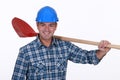 Builder resting shovel on shoulder