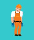 Builder sad. Worker in protective helmet sorrowful emoji. Service worker Serviceman mournful. Vector illustration