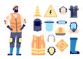 Builder safety equipment. Construction worker, protection and work gear. Man in vest glasses helmet, personal health Royalty Free Stock Photo