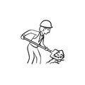 Builder with shovel hand drawn sketch icon.
