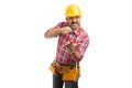 Builder smashing invisible object in palm Royalty Free Stock Photo