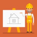 Builder smiling and pointing with hand on flip chart with drawing house. Flat people Royalty Free Stock Photo
