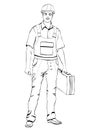 Builder standing front side, coloring, vector outline portrait male workman repairman, black and white painted man in working over