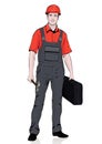 Builder standing front side, vector cartoon portrait male workman repairman, multicolor painted human in overalls, in working cove