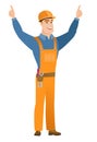 Builder standing with raised arms up.