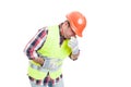 Builder with stomach problem is about to vomit Royalty Free Stock Photo