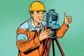 Builder surveyor with a theodolite optical instrument for measur