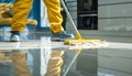 Builder sweeping the floor after renovation of house Royalty Free Stock Photo