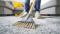 Builder sweeping the floor after renovation of house Royalty Free Stock Photo