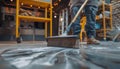 Builder sweeping the floor after renovation of house Royalty Free Stock Photo