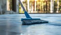 Builder sweeping the floor after renovation of house Royalty Free Stock Photo