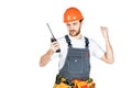 The builder talks, swears on thewalkie-talkie. isolated on white