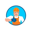 Builder thumbs up. Worker in protective helmet winks emoji. Service worker Serviceman cheerful. Vector illustration