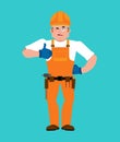 Builder thumbs up. Worker in protective helmet winks emoji. Service worker Serviceman cheerful. Vector illustration