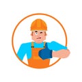 Builder thumbs up. Worker in protective helmet winks emoji. Service worker Serviceman cheerful. Vector illustration