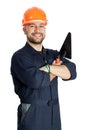 Builder with trowel isolated on white background