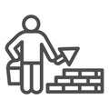 Builder with trowel line icon. Worker man build brick masonry wall symbol, outline style pictogram on white background Royalty Free Stock Photo