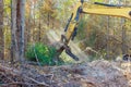 A builder uses tractor to uproot trees in forest in preparation for construction of house