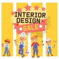 Builder vector constructor interior design children character building construction illustration backdrop of worker