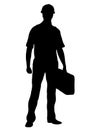 Builder vector silhouette, outline male workman repairman standing front side full-length, contour portrait human in coveralls, wi Royalty Free Stock Photo