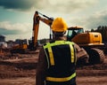 Builder in vest and cask standing his back to camera. Construction worker looks at work of excavators on the building site. Royalty Free Stock Photo