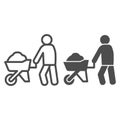 Builder with wheelbarrow of sand line and solid icon. Worker man and cement cart symbol, outline style pictogram on