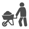 Builder with wheelbarrow of sand solid icon. Worker man and cement cart symbol, glyph style pictogram on white