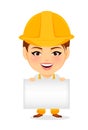 Builder woman. Funny female worker with big head holding blank sign or banner.