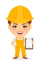 Builder woman. Funny female worker with big head holding clipboard.