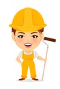 Builder woman. Funny female worker with big head holding long paint roller.