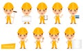 Builder woman. Funny female worker with big head. Set of humorous cartoon character.